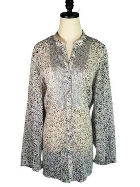 Charter Club Womens Animal Print Button Front Sequin Bodice Tunic Top White/Gray